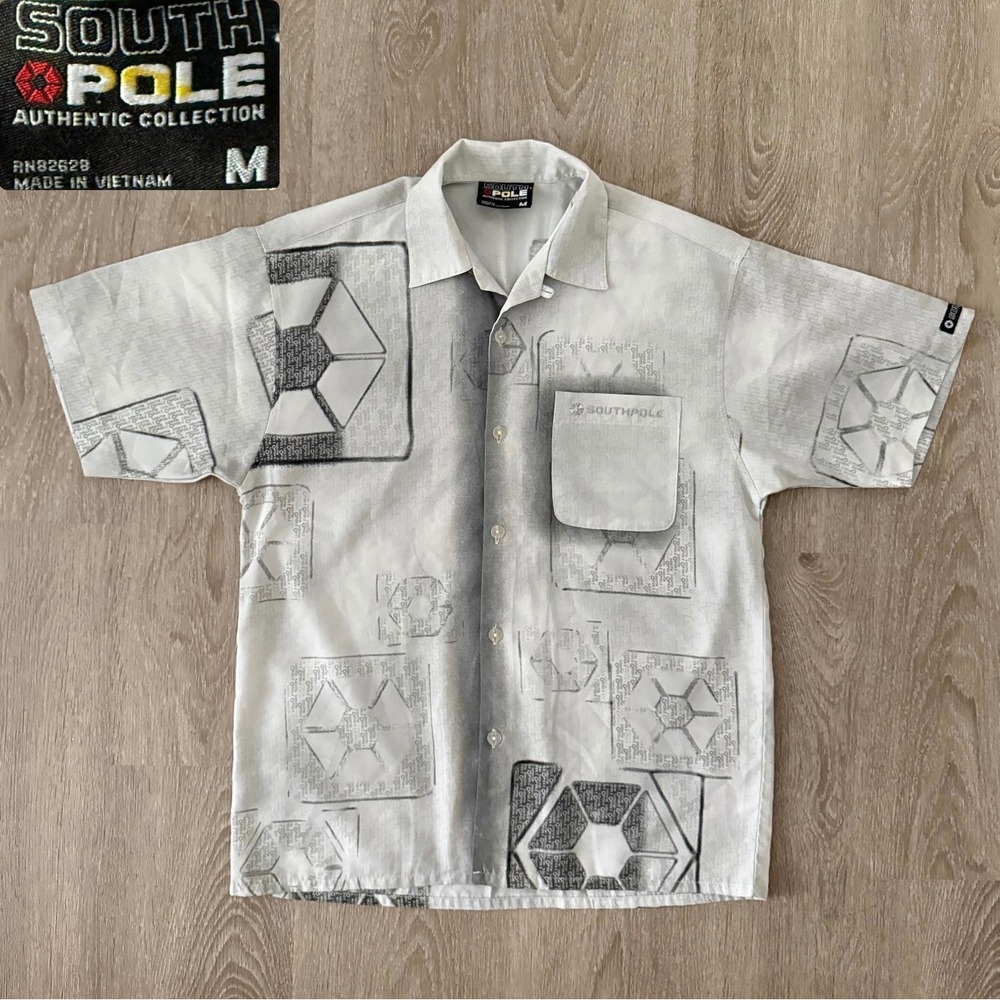 Y2K South Pole Grey Geometric Graphic Short Sleeve Button Up Shirt Mens Medium